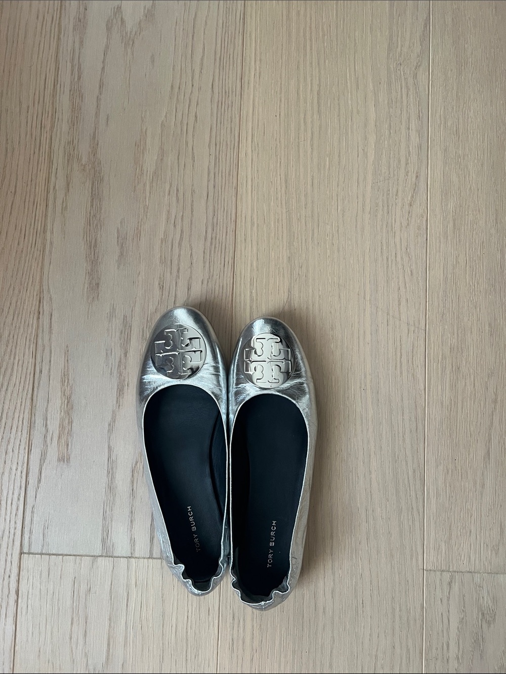 Tory Burch Silver Logo Leather Ballet Flats